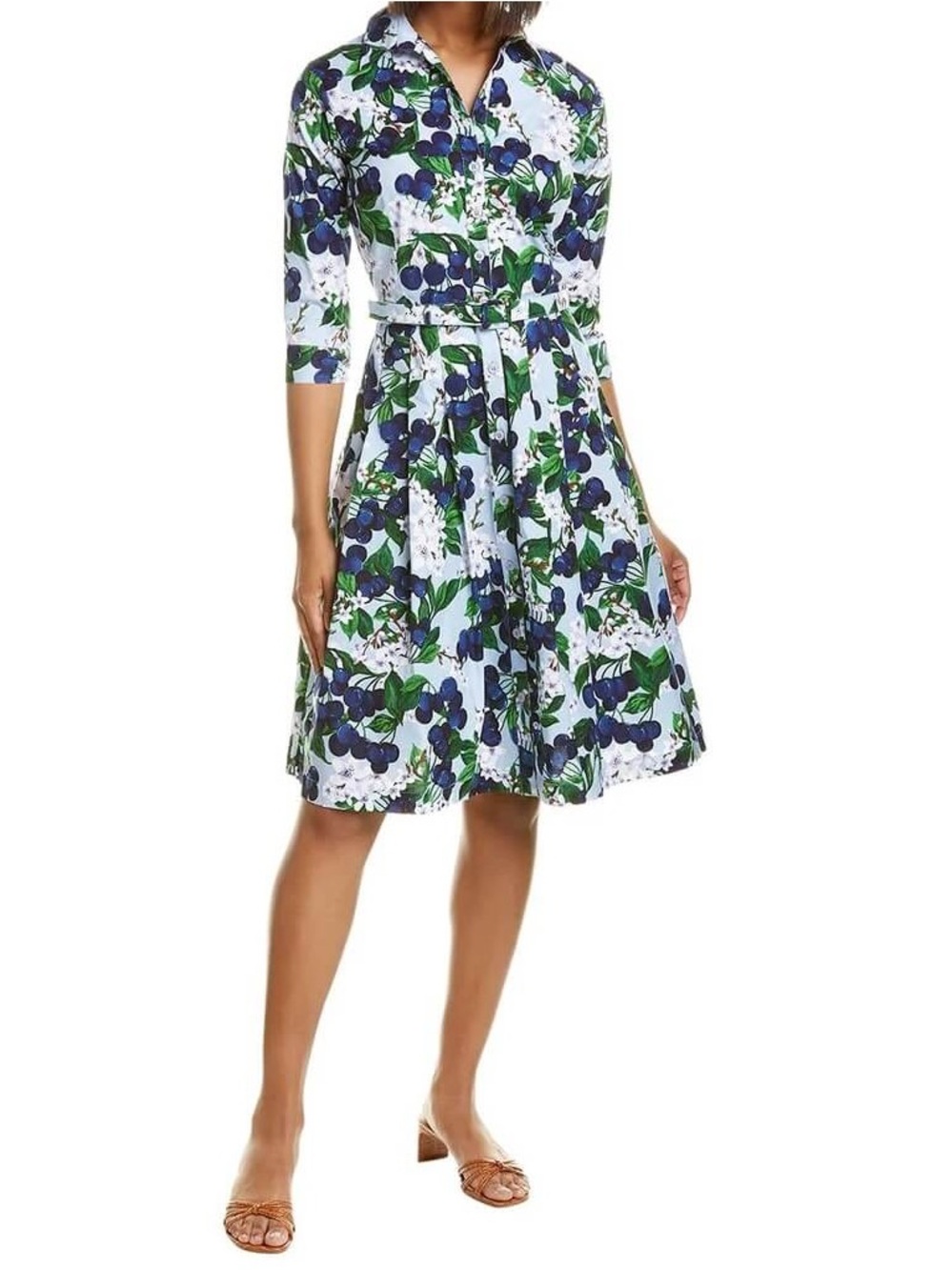 SAMANTHA SUNG White Shirt Dress with Blue & Green Floral Print